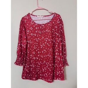 NWT Red White Speckled Print Long Sleeve Gathered Cuff Top Plus Size 2XL xxl